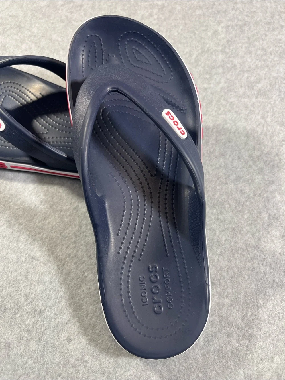 CROCS Men’s Navy Flip-Flop Sandals with Red & White Trim